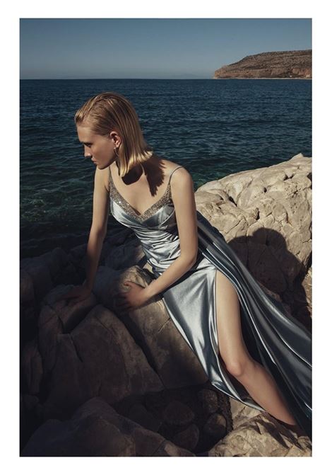 ABITO TESSUTO LAMINATO LUNGO CON SPACCO ALLURE | Abiti | A4229LIGHT BLUE